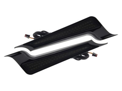 LED Fascia Panels. Red Run/Brake and Amber Turn with Smoke Lens & Black Housing. Fits Street Glide, Road Glide & Road King Special 2014up.