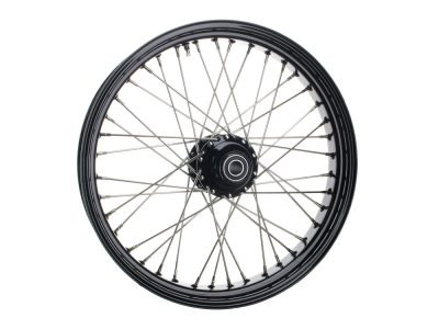 21in. x 3.5in. 40 Spoke Cross Laced Front Wheel - Gloss Black & Chrome. Fits Softail Heritage 2011up, Deluxe 2011-2020, Slim 2012-2021 & Fatboy 2011-2017