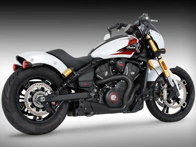 American Outlaw Shorty 2-into-1 Exhaust - Black with Black End Cap. Fits Indian Scout 2025up