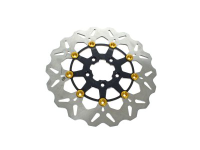 11.8in. Front Wave Floating Disc Rotor - Black with Gold Buttons. Fits Dyna 2006-2017, Softail 2015up, Sportster 2014-2021 & Some Touring 2008-2023