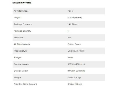 High-Flow Air Filter Element. Fits Honda Goldwing 2001-2017