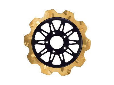 11.8in. Front Omega Crown Disc Rotor - Gold Band & Black Carrier. Fits Dyna 2006-2017, Softail 2015up, Sportster 2014-2021 & Some Touring 2008up.
