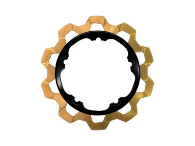11.8in. Front Bow-Tie Disc Rotor - Gold Band & Black Carrier. Fits V-Rod & Dyna 2006-2017 Models with OEM Cast Wheel.