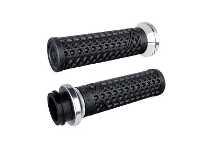 Vans Signature Lock-On Handgrips - Black/Silver. Fits Big Twin 2008-2024 with Throttle-by-Wire