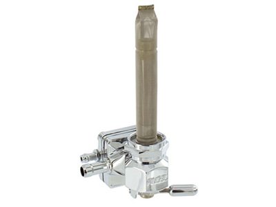 High-Flow Vacuum Operated Fuel Tap / Petcock with 22mm Thread, 5/16in. Forward Facing Fuel Outlet - Chrome. Fits Softail 1995-2006, Dyna 1995-2006, Touring 1993-2006