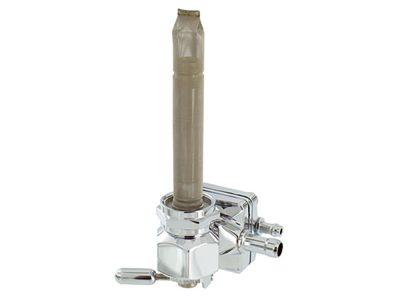 High-Flow Vacuum Operated Fuel Tap / Petcock with 22mm Thread, 5/16in. Backward Facing Fuel Outlet - Chrome. Fits Softail 1995-2006, Dyna 1995-2006, Touring 1993-2006