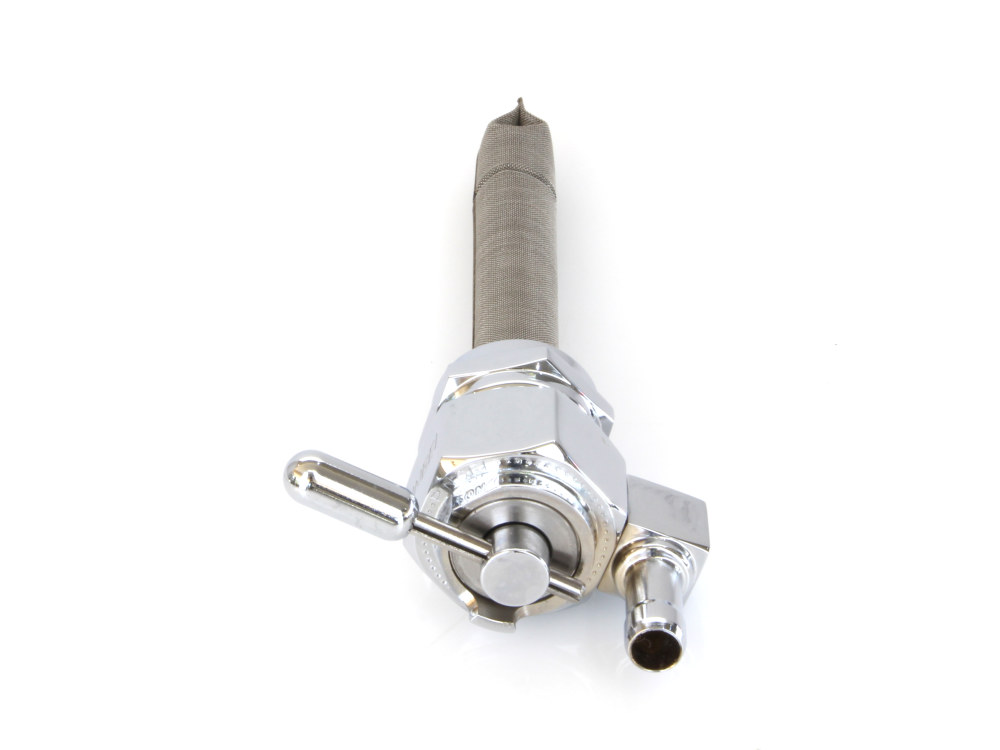 High-Flow Fuel Tap / Petcock with 22mm Thread, 5/16in. Downward Facing Fuel Outlet - Chrome. Fits Softail 1984-2006, Dyna 1991-2006, FXR 1982-1994, Touring 1988-2006, Sportster 1975-2006 & 4Spd Big Twin 1975-1986