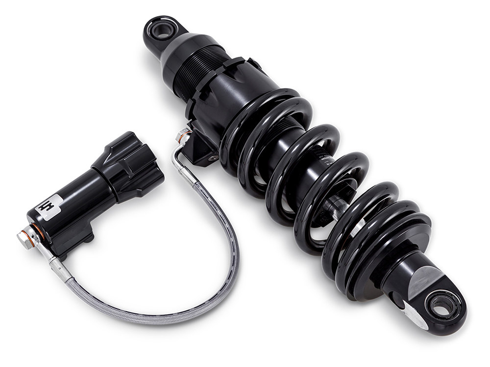 465 Series, 13.1in. Rear Shock Absorber with Remote Adjustable Preload & Heavy Duty Spring Rate - Black. Fits Softail 2018up.
