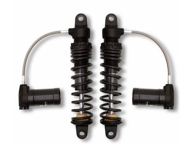 970 Series, 12in. Standard Spring Rate Rear Shock Absorbers with Remote Reservoir - Black. Fits Touring 1980up with 5 or 6 Speed Transmission.