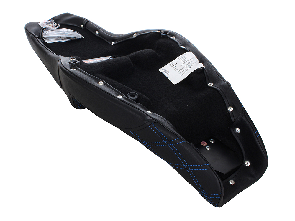 Step-Up LS Dual Seat with Blue Double Diamond Lattice Stitch. Fits Sportster 2004-2021 with 3.3 Gallon Fuel Tank. - Image 4