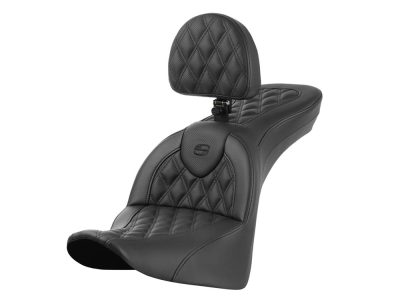 Roadsofa LS Dual Seat With Backrest & with Black Double Diamond Lattice Stitch. Fits Softail Deluxe, Heritage Classic & Slim 2018up