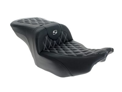 Roadsofa LS Dual Seat with White Double Diamond Lattice Stitch. Fits CVO Touring 2023up, Street Glide & Road Glide 2024up, Touring 2025up