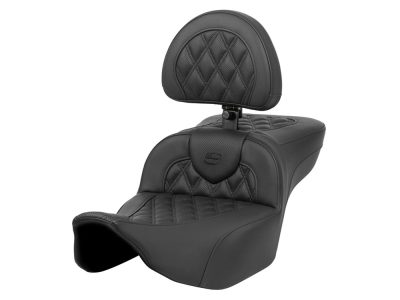 Extended Roadsofa LS Dual Seat With Backrest & Black Double Diamond Lattice Stitch. Fits CVO Touring 2023up, Street Glide & Road Glide 2024up, Touring 2025up