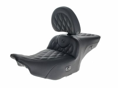 Heated, Extended Roadsofa LS Dual Seat With Backrest & Black Double Diamond Lattice Stitch. Fits CVO Touring 2023up, Street Glide & Road Glide 2024up, Touring 2025up