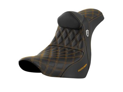 Pro Series San Diego Customs Performance Gripper Dual Seat with Backrest & Gold Stitch. Fits Dyna 2006-2017