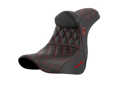 Pro Series San Diego Customs Performance Gripper Dual Seat with Backrest & Red Stitch. Fits Sport Glide & Low Rider 2018up, Low Rider S 2020up & Low Rider ST 2022up